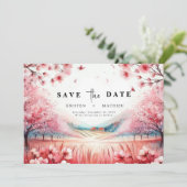 Moderne botanische kersenbloesem bruiloft save the date (Staand voorkant)
