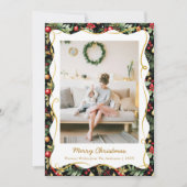 Moderne botanische Kerst zwart en goud 1 foto Feestdagenkaart (Voorkant)