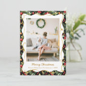 Moderne botanische Kerst zwart en goud 1 foto Feestdagenkaart (Staand voorkant)