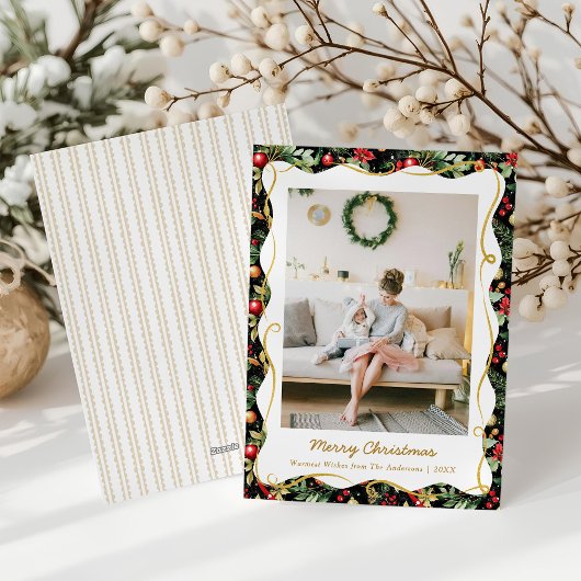 Moderne botanische Kerst zwart en goud 1 foto Feestdagenkaart