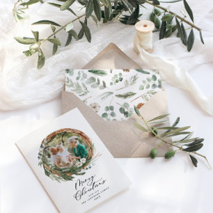 Moderne botanische kerstscript 1 foto feestdagenkaart