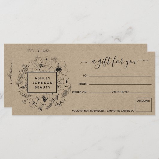 Moderne botanische kraft-cadeaubon (Voorkant / Achterkant)