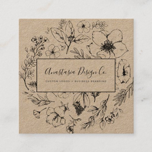Moderne Botanische Kraft en Zwart Script Square Vierkante Visitekaartje (Voorkant)