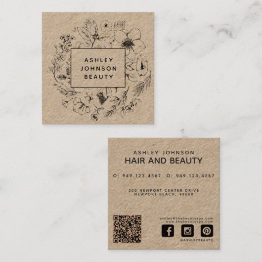 Moderne botanische Kraft en zwarte Floral Vierkante Visitekaartje (Voorkant / Achterkant)