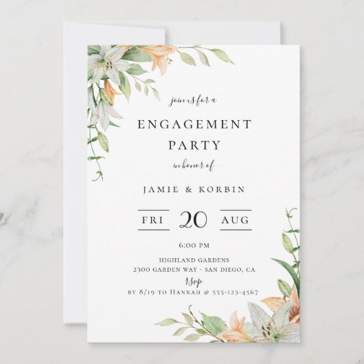 Moderne Botanische Lelie Bloemen Verlovingsfeest Kaart (Voorkant)