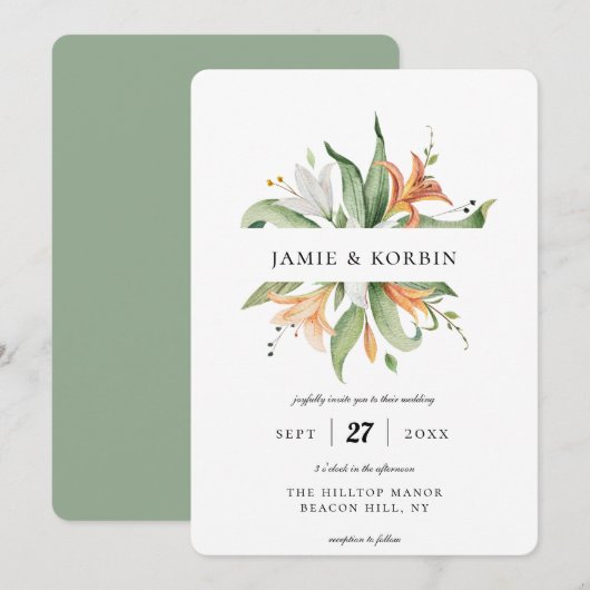 Moderne Botanische Lelie Bloemenbruiloft Kaart (Voorkant / Achterkant)