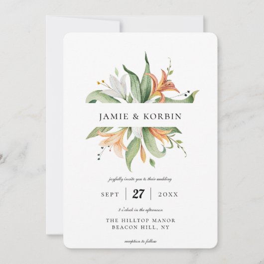 Moderne Botanische Lelie Bloemenbruiloft Kaart (Voorkant)
