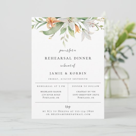 Moderne botanische Lily Floral repesal Dinner Aankondiging (Staand voorkant)