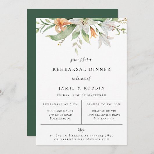 Moderne botanische Lily Floral repesal Dinner Aankondiging (Voorkant / Achterkant)