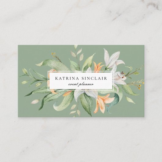 Moderne botanische Lily Floral Sage Green Visitekaartje (Voorkant)