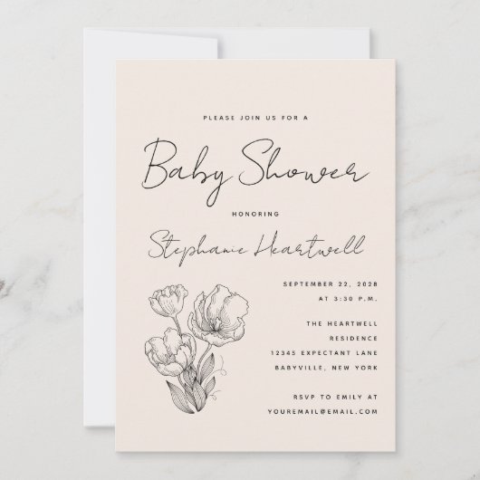 Moderne Botanische Line Art Cream Baby shower Kaart (Voorkant)