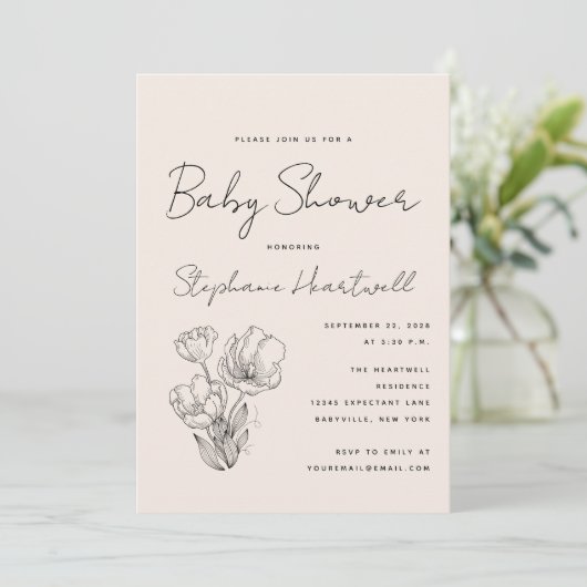 Moderne Botanische Line Art Cream Baby shower Kaart (Staand voorkant)