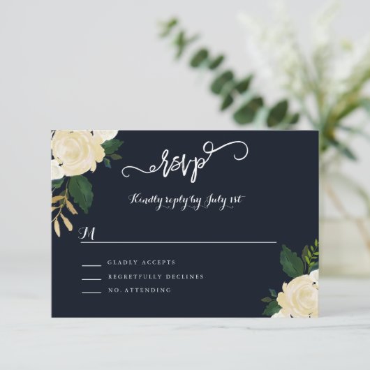 Moderne Botanische Marine Bruiloft RSVP (Staand voorkant)