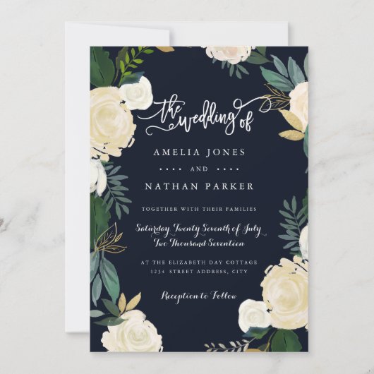 Moderne Botanische Marine bruiloft uitnodiging (Voorkant)