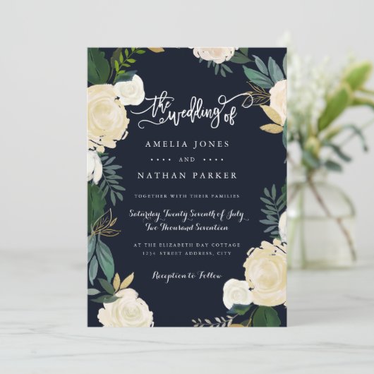 Moderne Botanische Marine bruiloft uitnodiging (Staand voorkant)