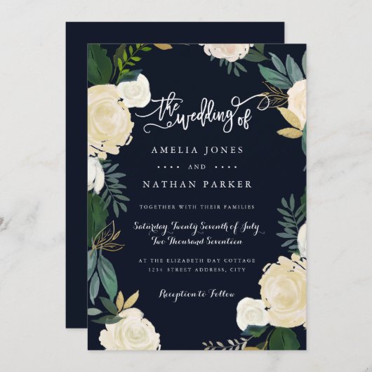 Moderne Botanische Marine bruiloft uitnodiging (Voorkant / Achterkant)