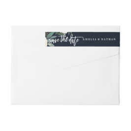 Moderne botanische marine trouwlabel omwikkeld