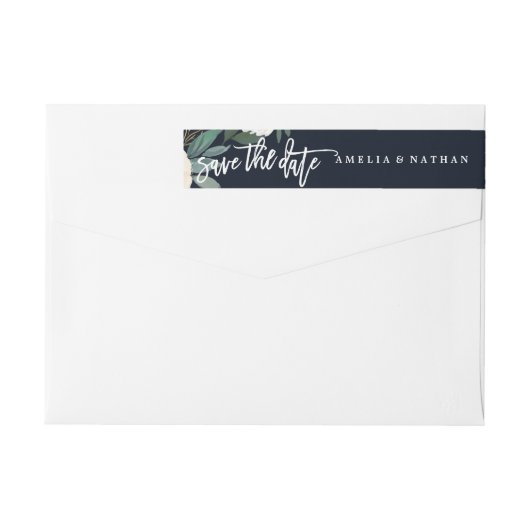 Moderne botanische marine trouwlabel omwikkeld (Achterkant)