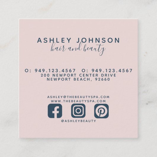 Moderne botanische marineblauw + Blush roze vierka Vierkante Visitekaartje (Achterkant)