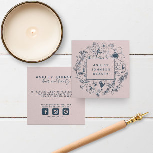 Moderne botanische marineblauw + Blush roze vierka Vierkante Visitekaartje