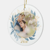 Moderne botanische marineblauw eerste kerstpaar keramisch ornament (Links)