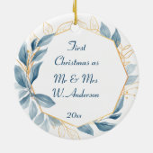 Moderne botanische marineblauw eerste kerstpaar keramisch ornament (Achterkant)