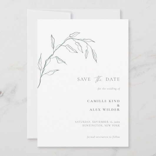 Moderne Botanische minimale blad bruiloft salie Save The Date (Voorkant)