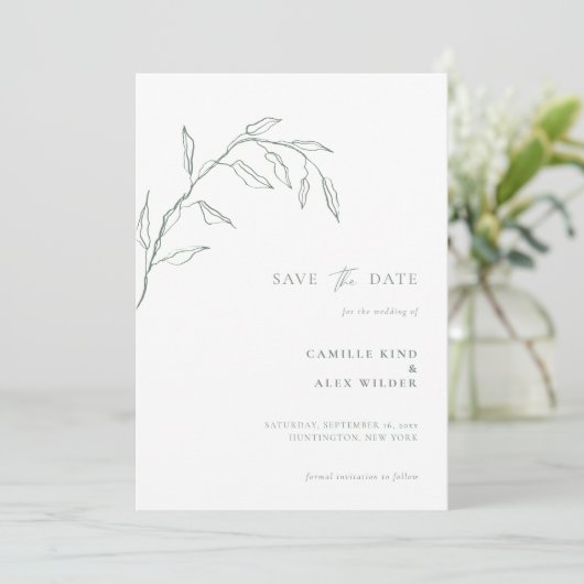 Moderne Botanische minimale blad bruiloft salie Save The Date (Staand voorkant)