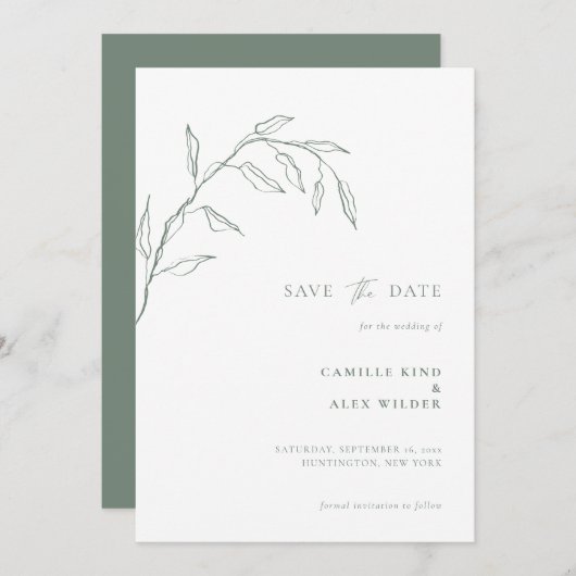 Moderne Botanische minimale blad bruiloft salie Save The Date (Voorkant / Achterkant)