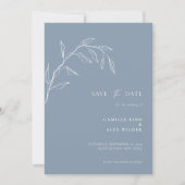 Moderne Botanische Minimale Blad Bruiloft Stofblau Save The Date (Voorkant)