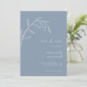 Moderne Botanische Minimale Blad Bruiloft Stofblau Save The Date (Staand voorkant)