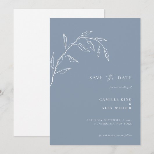 Moderne Botanische Minimale Blad Bruiloft Stofblau Save The Date (Voorkant / Achterkant)