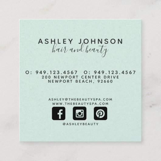 Moderne botanische mint en zwart vierkante visitekaartje (Achterkant)