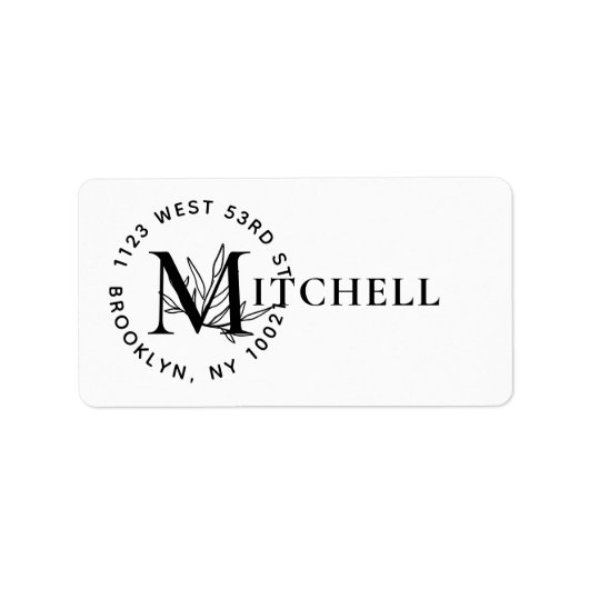 Moderne botanische monogram achternaam Retouradres Etiket (Voorkant)
