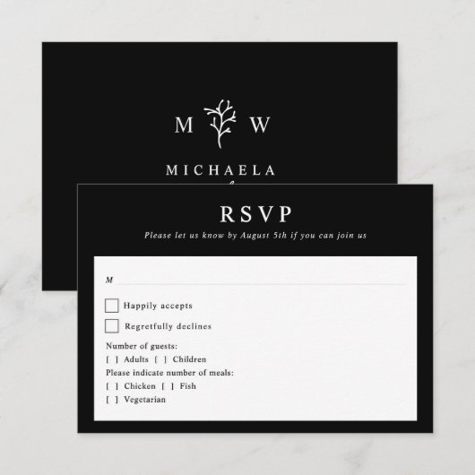 Moderne Botanische Monogram Beginletters Bruiloft RSVP Kaartje (Voorkant / Achterkant)