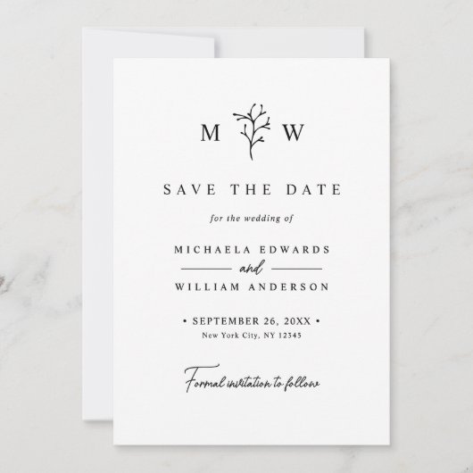 Moderne Botanische Monogram Beginletters Trouwdag Save The Date (Voorkant)