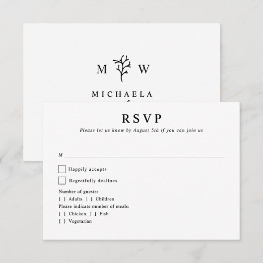 Moderne Botanische Monogram Beginletters Trouwfees RSVP Kaartje (Voorkant / Achterkant)