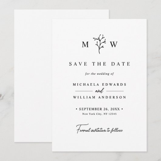 Moderne Botanische Monogram Initialen bruiloft Save The Date (Voorkant / Achterkant)