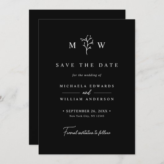 Moderne Botanische Monogram Initialen bruiloft Save The Date (Voorkant / Achterkant)
