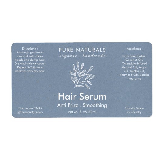 Moderne botanische neutraal blauw natuurlijk produ etiket (Voorkant)