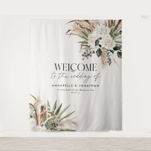 Moderne botanische pampas eucalyptus bruiloft welk wandkleed (Voorkant)