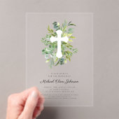 Moderne Botanische Religieuze Kruis Doop Acryl Uitnodigingen (Insitu (Draagbaar))