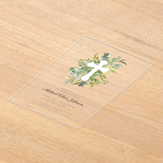 Moderne Botanische Religieuze Kruis Doop Acryl Uitnodigingen (Laagn)