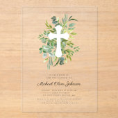 Moderne Botanische Religieuze Kruis Doop Acryl Uitnodigingen (Voorkant)