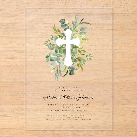Moderne Botanische Religieuze Kruis Doop Acryl Uitnodigingen (Voorkant)