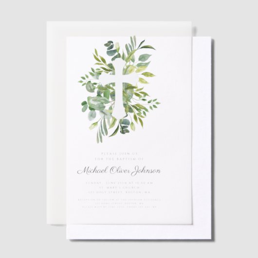 Moderne botanische religieuze kruisdoop vellum uitnodigingen (Offset)