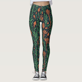 Moderne botanische rode groene bladeren bloemenpat leggings