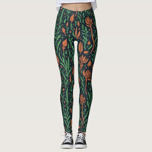 Moderne botanische rode groene bladeren bloemenpat leggings (Voorkant)