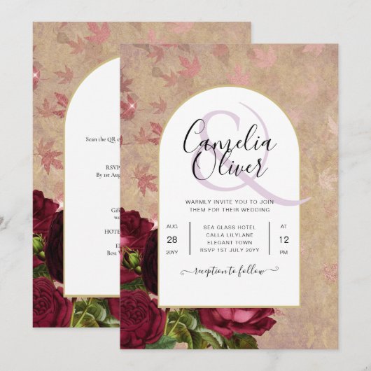 Moderne  botanische rode rozen die uitnodigen kaart (Voorkant / Achterkant)