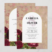 Moderne botanische rode rozen die uitnodigen kaart (Voorkant / Achterkant)